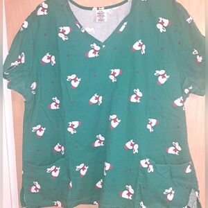 Womens Scrub Top Green White XL Rabbits Bunnies‎ Christmas Holiday